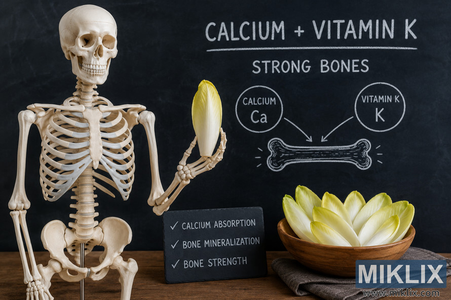 A detailed educational still life featuring a human skeleton model holding a fresh endive leaf beside a bowl of endive leaves. A dark chalkboard background displays hand-drawn diagrams and text explaining the connection between calcium, vitamin K, and strong bones. A detailed educational still life featuring a human skeleton model holding a fresh endive leaf beside a bowl of endive leaves. A dark chalkboard background displays hand-drawn diagrams and text explaining the connection between calcium, vitamin K, and strong bones.