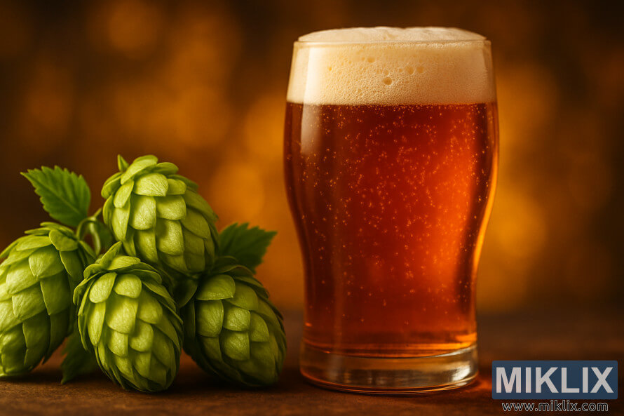 Glass of amber craft beer beside fresh green hops on a warmly lit background.