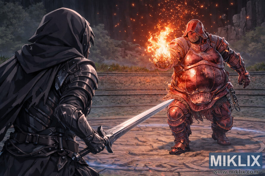 Fan art ao estilo anime que mostra o Maculado por trÃ¡s empunhando uma espada enquanto enfrenta Adan, o LadrÃ£o de Fogo, dentro da Evergaol do Malefactor antes do combate.