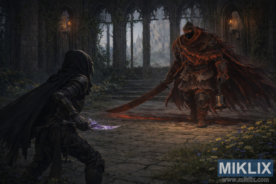 TemnÃ¡ fantasy maÄ¾ba PoÅ¡kvrnenÃ©ho v brnenÃ­ Äierneho noÅ¾a tvÃ¡rou v tvÃ¡r Å¾iariacemu ÄervenÃ©mu Lovcovi so Zvonom v zniÄenom Kostole sÄ¾ubov, chvÃ­Ä¾u pred bojom.