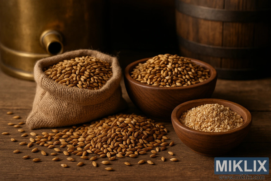 Jutesæk med maltet byg med skåle med korn og knust malt ved siden af en kobberkedel og en trætønde. Jutesæk med maltet byg med skåle med korn og knust malt ved siden af en kobberkedel og en trætønde.