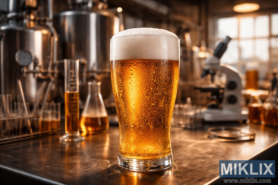 Close-up of a glass of golden lager with a frothy white head in the foreground, set against blurred laboratory brewing equipment under warm lighting. Close-up of a glass of golden lager with a frothy white head in the foreground, set against blurred laboratory brewing equipment under warm lighting.