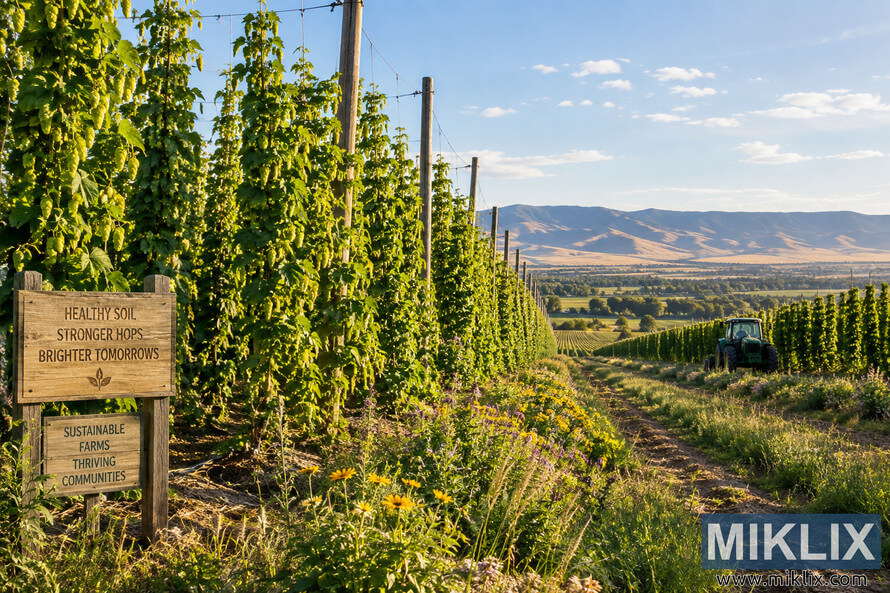 Wide landscape view of a sustainable hop farm in Yakima Valley, with lush hop vines on tall trellises, wildflower-covered field margins, irrigation lines, an unbranded tractor, rustic sustainability signs, green farmland, and dry mountains under a blue sky. Wide landscape view of a sustainable hop farm in Yakima Valley, with lush hop vines on tall trellises, wildflower-covered field margins, irrigation lines, an unbranded tractor, rustic sustainability signs, green farmland, and dry mountains under a blue sky.