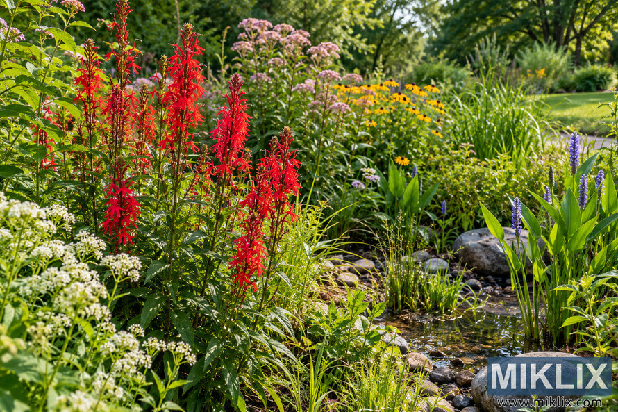 Scarlet cardinal flowers and colorful native companion plants surrounding a shallow, rock-lined rain garden stream in warm sunlight. Scarlet cardinal flowers and colorful native companion plants surrounding a shallow, rock-lined rain garden stream in warm sunlight.