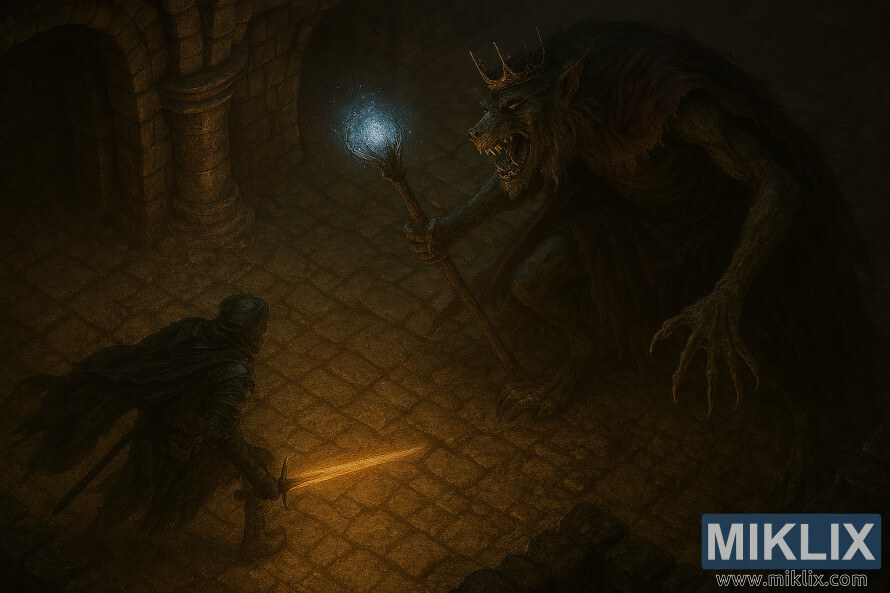 Tác phẩm nghệ thuật giả tưởng chân thực mô tả Tarnished in Black Knife armor chiến đấu với Nữ hoàng bán nhân Gilika trong một hầm đá.