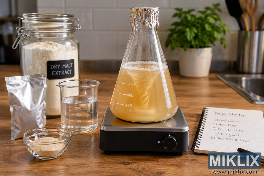 Yeast starter in a foil-covered Erlenmeyer flask swirling on a magnetic stir plate, with dry malt extract, glassware, yeast granules, and a preparation checklist. Yeast starter in a foil-covered Erlenmeyer flask swirling on a magnetic stir plate, with dry malt extract, glassware, yeast granules, and a preparation checklist.