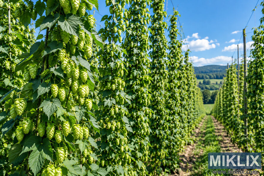 Landscape photo of a vibrant green hop field on a bright summer day, with abundant pale green hop cones growing on tall trellised vines, long rows leading toward rolling countryside and wooded hills, and a clear blue sky with soft white clouds. Landscape photo of a vibrant green hop field on a bright summer day, with abundant pale green hop cones growing on tall trellised vines, long rows leading toward rolling countryside and wooded hills, and a clear blue sky with soft white clouds.