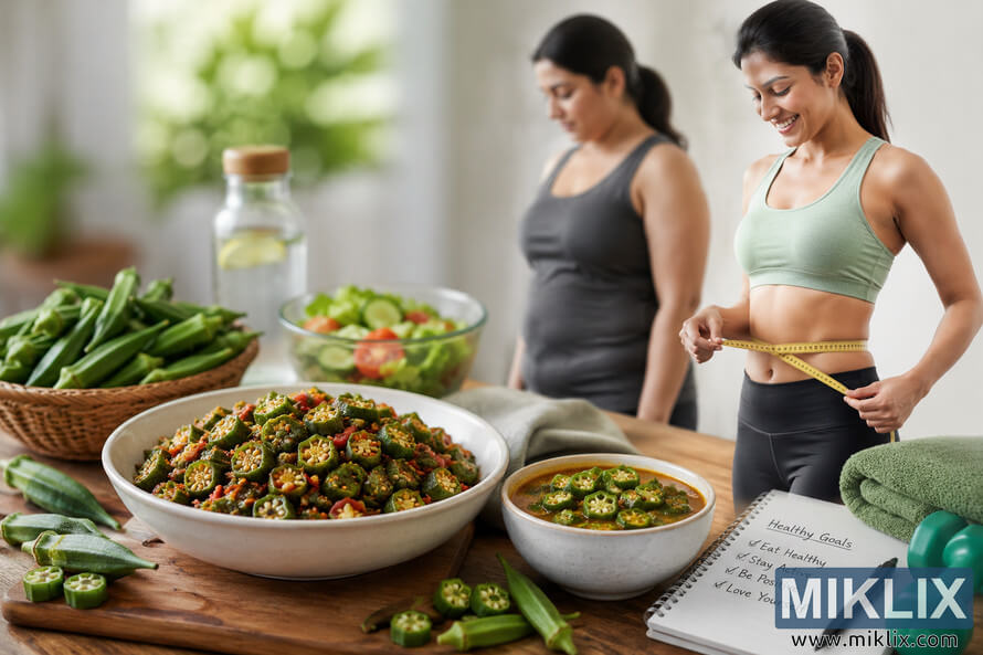 Landscape photo of nutritious homemade okra meals on a wooden table with fresh vegetables, infused water, salad, fitness accessories, and a smiling woman measuring her waist while a subtle before-and-after wellness transformation appears in the softly blurred background. Landscape photo of nutritious homemade okra meals on a wooden table with fresh vegetables, infused water, salad, fitness accessories, and a smiling woman measuring her waist while a subtle before-and-after wellness transformation appears in the softly blurred background.