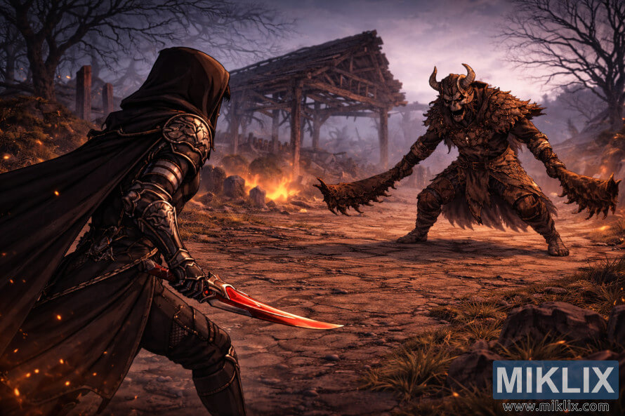 Arte de fÃ£ em estilo anime mostrando uma visÃ£o ampla do Maculado visto de costas, Ã  esquerda, encarando o Matador de PressÃ¡gios na Vila dos AlbinaÃºricos em ruÃ­nas, antes do combate.