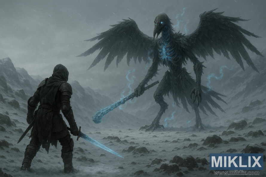 Shujaa aliyejihami akiwa peke yake amekabiliana na ndege mwenye mifupa mirefu mwenye fimbo iliyofunikwa na barafu katika uwanja wa vita wenye theluji.