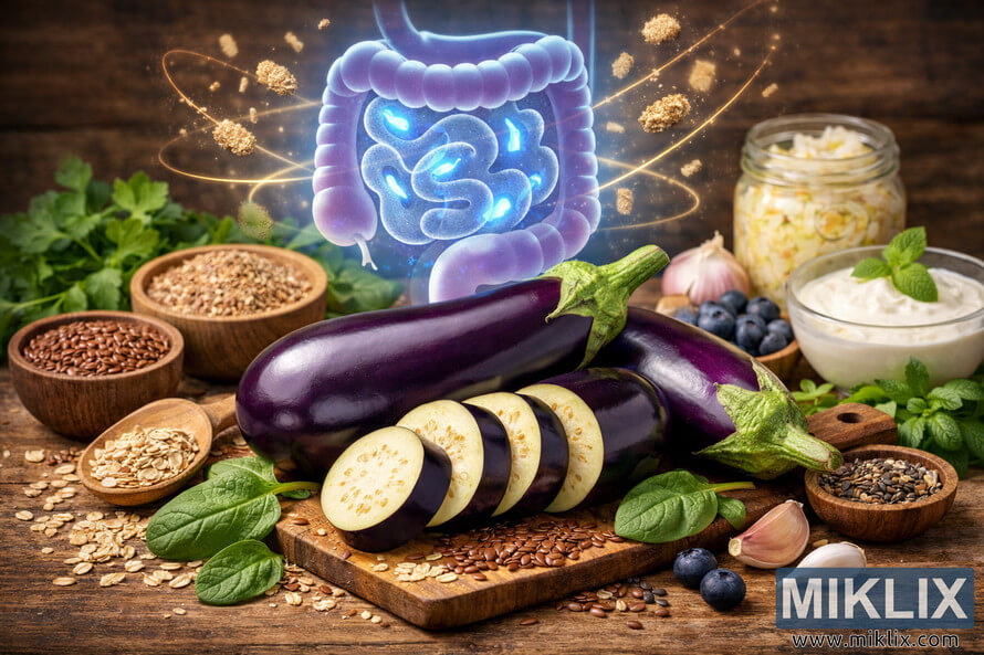 Landscape photo of three fresh eggplants on a rustic wooden cutting board surrounded by bran, flaxseeds, oats, spinach leaves, parsley, sauerkraut in a glass jar, a bowl of yogurt with mint, blueberries, garlic cloves, and mixed seeds, with a glowing stylized gut illustration in the background symbolizing digestive health and gut microbiome balance. Landscape photo of three fresh eggplants on a rustic wooden cutting board surrounded by bran, flaxseeds, oats, spinach leaves, parsley, sauerkraut in a glass jar, a bowl of yogurt with mint, blueberries, garlic cloves, and mixed seeds, with a glowing stylized gut illustration in the background symbolizing digestive health and gut microbiome balance.