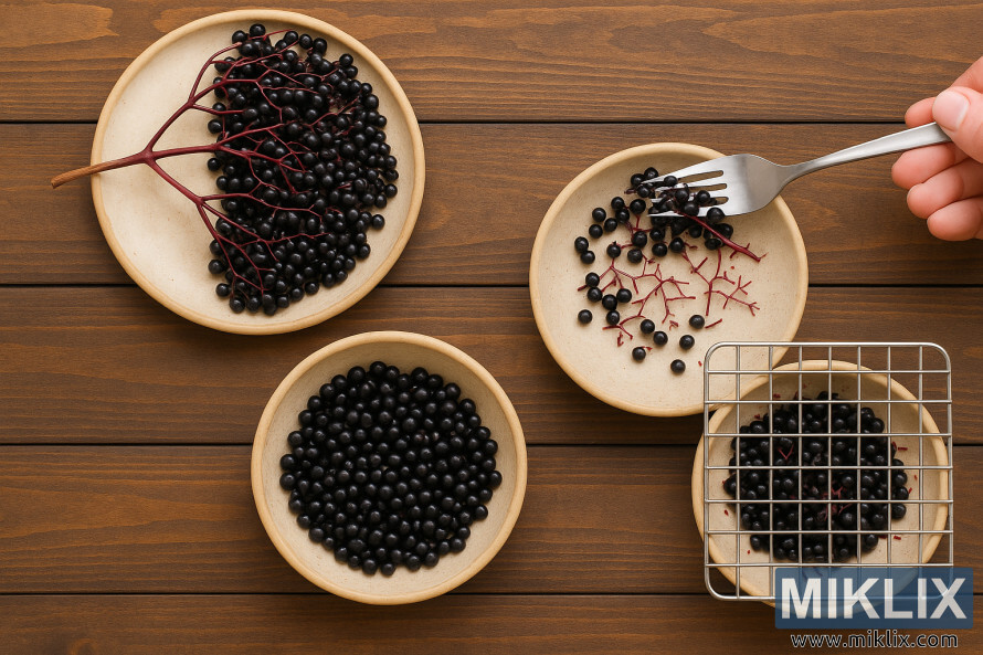 Tilu mÃ©tode pikeun miceun elderberries tina batang maranÃ©hanana ditÃ©mbongkeun dina mÃ©ja kai: ku leungeun, kalawan garpu, sarta ngaliwatan rak kawat.