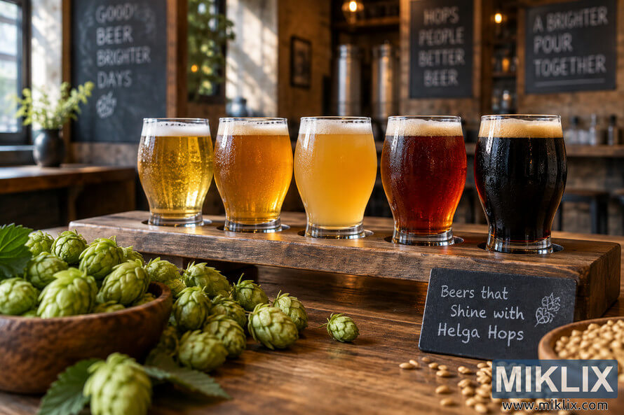 Landscape photograph of a rustic brewery tasting room with five different beers in tasting glasses arranged on a wooden flight board, surrounded by fresh hop cones, malt grains, and a chalkboard sign reading âBeers that Shine with Helga Hops.â Landscape photograph of a rustic brewery tasting room with five different beers in tasting glasses arranged on a wooden flight board, surrounded by fresh hop cones, malt grains, and a chalkboard sign reading âBeers that Shine with Helga Hops.â