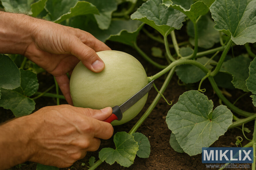 Gardener using pruning shears to cut honeydew melon from vine Gardener using pruning shears to cut honeydew melon from vine