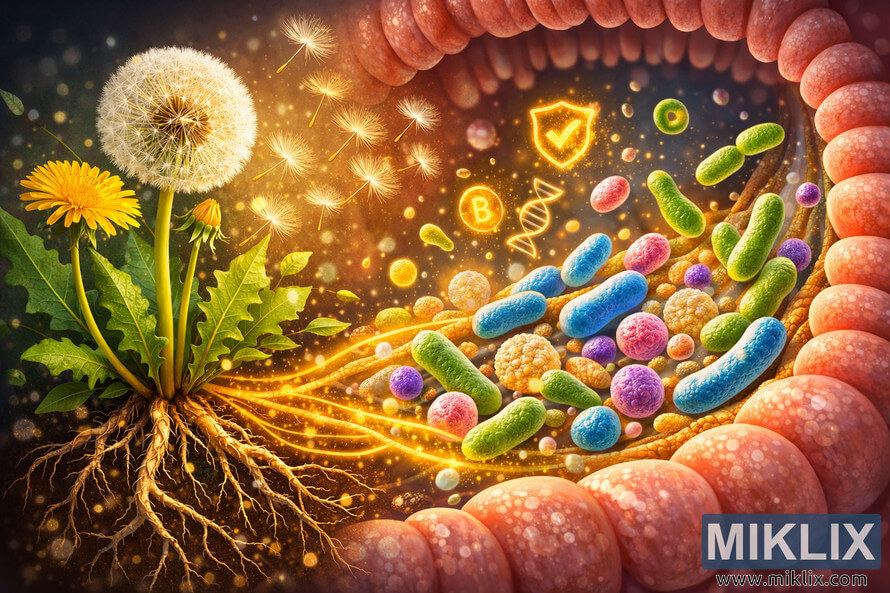 Illustration showing dandelion roots supporting probiotic bacteria in the human gut microbiome, with glowing fibers connecting plant and microbes. Illustration showing dandelion roots supporting probiotic bacteria in the human gut microbiome, with glowing fibers connecting plant and microbes.