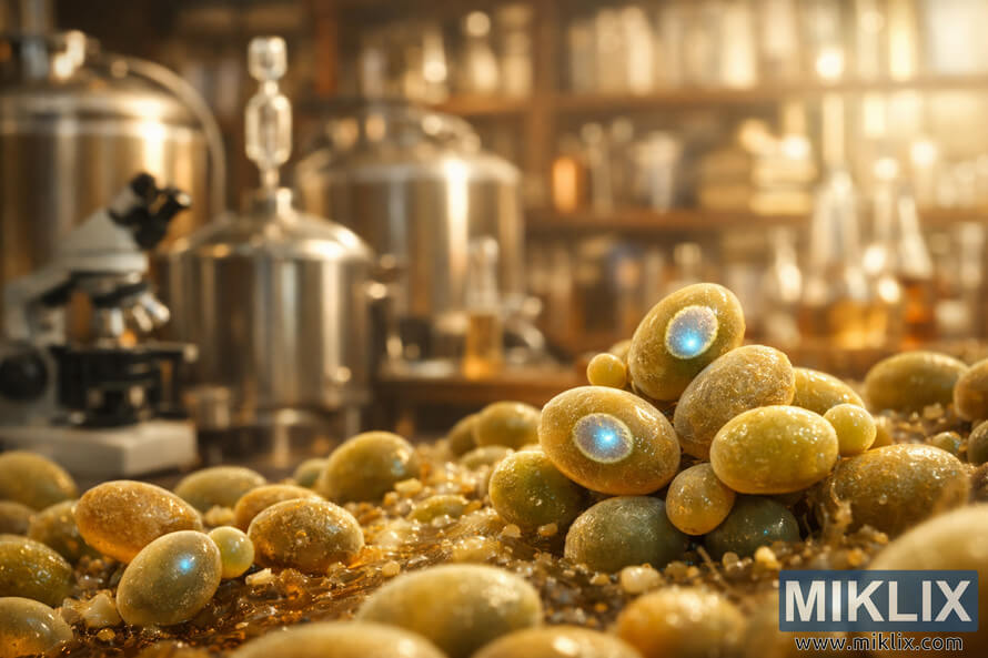 Macro photograph of brewerâs yeast cells in a nutrient-rich medium, with budding oval-shaped cells in greenish-yellow and golden-brown tones, some showing glowing blue nuclei. Behind the sharply focused yeast, a softly blurred brewing setup with stainless steel fermentation vessels, a glass airlock, a microscope, and measuring instruments is visible. In the distant background, a warm, softly lit scientific laboratory with shelves of glassware and books completes the scene, creating an inviting, scholarly atmosphere that highlights the art and science of fermentation.