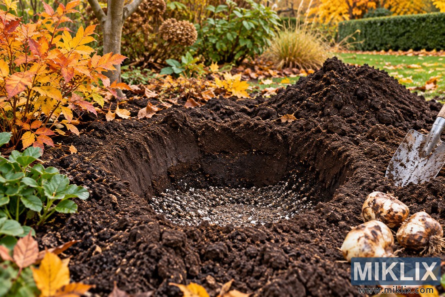 Prepared planting hole in an autumn garden with dark excavated soil, a granular base, four pale bulbs, and a garden trowel beside colorful fall foliage. Prepared planting hole in an autumn garden with dark excavated soil, a granular base, four pale bulbs, and a garden trowel beside colorful fall foliage.