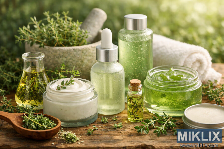 A serene landscape-oriented photograph of natural skincare products featuring thyme extract, arranged on a rustic wooden surface with fresh thyme sprigs and greenery in the background. A serene landscape-oriented photograph of natural skincare products featuring thyme extract, arranged on a rustic wooden surface with fresh thyme sprigs and greenery in the background.