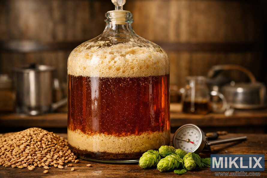 Close-up of a glass carboy filled with fermenting amber beer, bubbling foam on top and yeast sediment at the bottom, with grains and hops in the foreground and rustic brewery equipment behind.