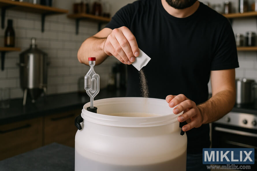 A homebrewer ing pawon modern nambah ragi garing kanggo prau fermentasi putih dilengkapi airlock, diubengi dening peralatan stainless steel lan cahya anget.