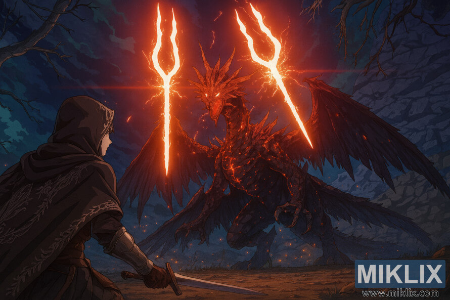 Anime stÃ­lusÃº rajongÃ³i grafika a Fekete KÃ©s pÃ¡ncÃ©lba Ã¶ltÃ¶zÃ¶tt TarnishedrÅl, aki a Lichdragon Fortissaxszal harcol az Elden Ring Deeproot Depths cÃ­mÅ± jÃ¡tÃ©kÃ¡ban.