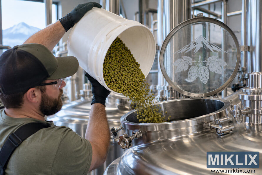 Brewer wearing gloves and safety glasses pours green hop pellets from a white bucket into an open stainless-steel fermenter inside a bright modern brewery, with a mountain visible through the windows. Brewer wearing gloves and safety glasses pours green hop pellets from a white bucket into an open stainless-steel fermenter inside a bright modern brewery, with a mountain visible through the windows.