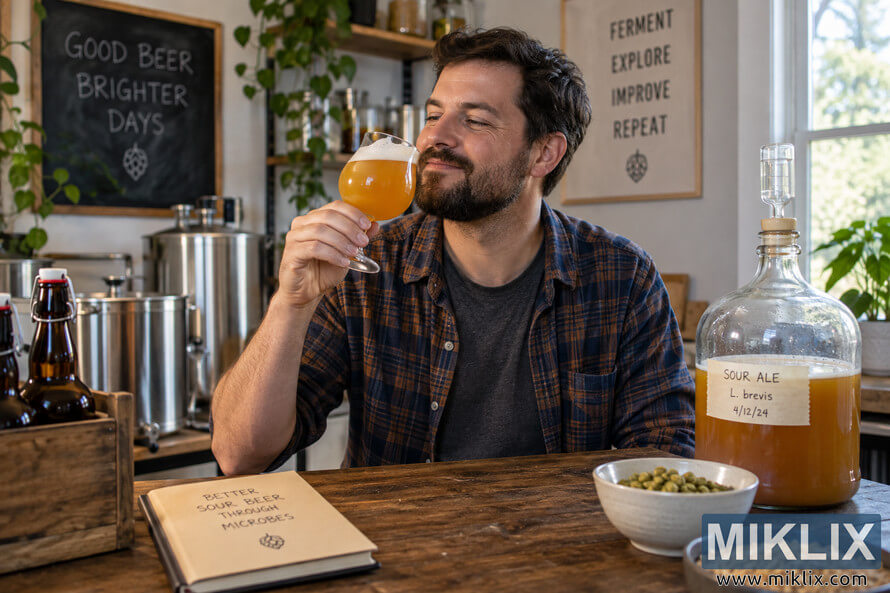 Homebrewer smiling at a glass of hazy golden sour ale beside a labeled fermentation vessel in a bright homebrewing room.