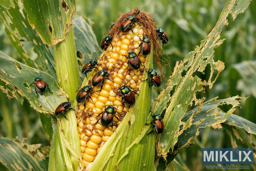 Close-up photo of Japanese beetles feeding on a damaged corn ear and skeletonized corn leaves in a field.