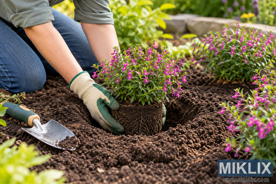 Gardener lowering a pink-flowering cuphea root ball into a prepared garden hole with its top level with the surrounding soil. Gardener lowering a pink-flowering cuphea root ball into a prepared garden hole with its top level with the surrounding soil.