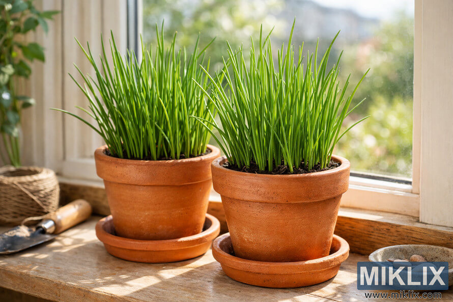 Chives growing in terracotta pots on a sunny windowsill with gardening tools and pebbles nearby. Chives growing in terracotta pots on a sunny windowsill with gardening tools and pebbles nearby.