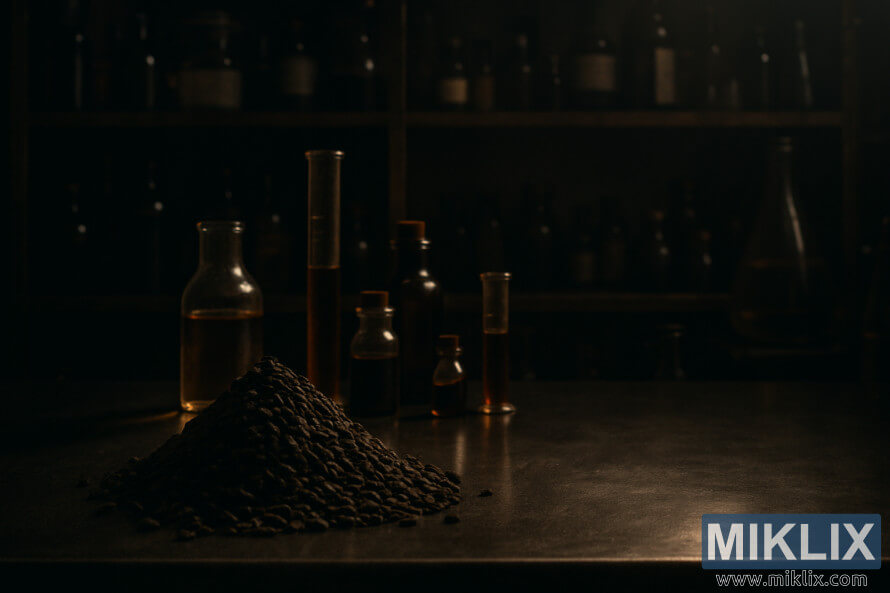 MostrÄ de malÈ negru prÄjit pe blatul de oÈel Ã®ntr-un laborator de fabricare a berii slab iluminat, cu fiole Èi luminÄ caldÄ.