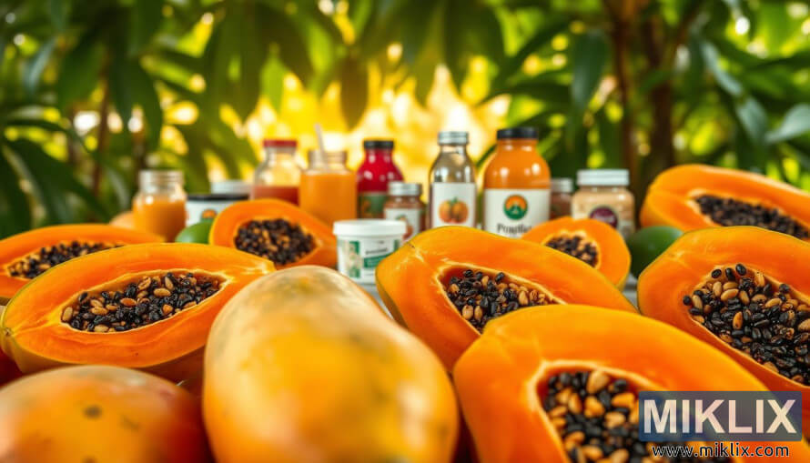 Papayas asak seger jeung daging jeruk jeung siki barengan jus gedang, smoothies, jeung suplemÃ©n dina setting alam.