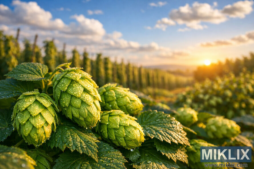 Close-up of dew-covered Pacifica hop cones on lush green leaves with a softly blurred hop farm and golden sunset under a blue sky with white clouds.