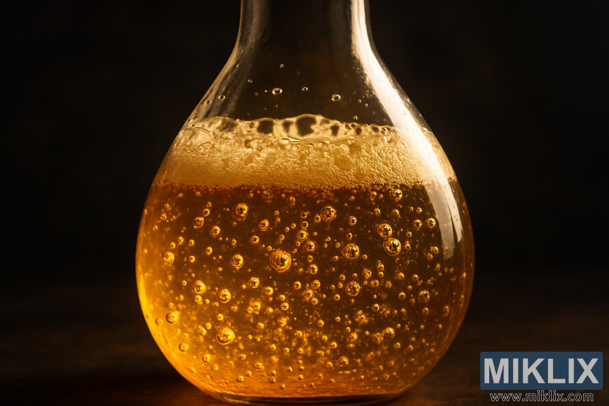 Kusa da gilashin gilashi tare da ruwan kumfa na zinare a gaban bango mai duhu. Kusa da gilashin gilashi tare da ruwan kumfa na zinare a gaban bango mai duhu.