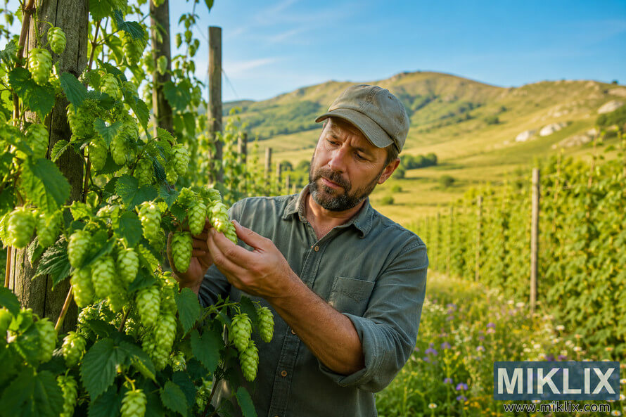 A farmer carefully examining fresh green hop cones in a vibrant hop field under a clear blue sky, surrounded by lush vines climbing wooden trellises and rolling hills dotted with wildflowers in warm sunlight. A farmer carefully examining fresh green hop cones in a vibrant hop field under a clear blue sky, surrounded by lush vines climbing wooden trellises and rolling hills dotted with wildflowers in warm sunlight.