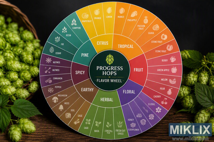 A high-resolution landscape photograph of a colorful circular hop flavor wheel centered on a dark wooden surface and surrounded by fresh green hop cones. The wheel displays tasting-note categories including citrus, tropical, fruit, floral, herbal, earthy, spicy, and pine, with smaller segments representing specific aromas. Warm studio lighting highlights the vibrant color gradients while a dark background creates strong contrast and visual focus on the wheel. A high-resolution landscape photograph of a colorful circular hop flavor wheel centered on a dark wooden surface and surrounded by fresh green hop cones. The wheel displays tasting-note categories including citrus, tropical, fruit, floral, herbal, earthy, spicy, and pine, with smaller segments representing specific aromas. Warm studio lighting highlights the vibrant color gradients while a dark background creates strong contrast and visual focus on the wheel.