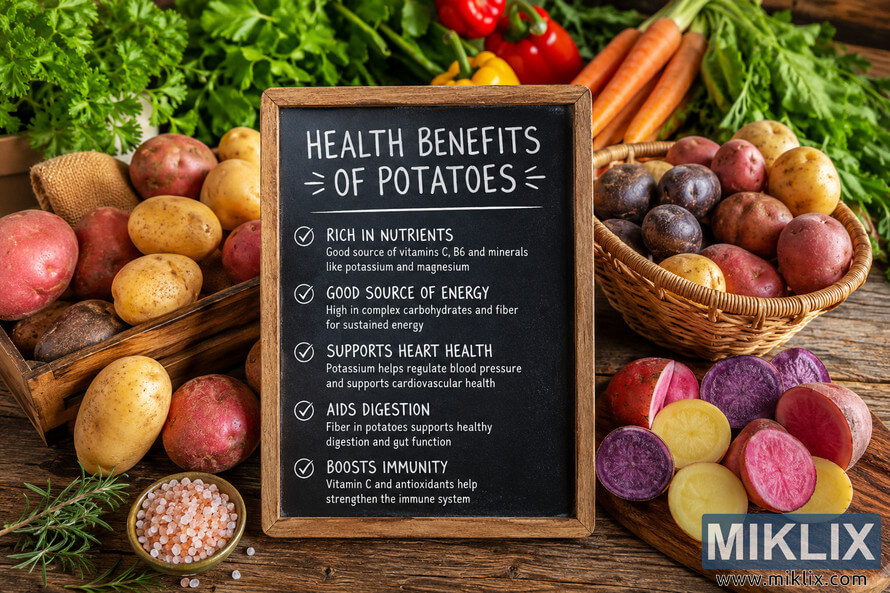 Landscape image showing a rustic wooden table filled with colorful potato varieties, fresh vegetables, herbs, and a chalkboard highlighting the health benefits of potatoes. Red, yellow, purple, and white potatoes are arranged in baskets and wooden crates alongside carrots, leafy greens, peppers, rosemary, and coarse salt, creating a vibrant farm-to-table presentation. Landscape image showing a rustic wooden table filled with colorful potato varieties, fresh vegetables, herbs, and a chalkboard highlighting the health benefits of potatoes. Red, yellow, purple, and white potatoes are arranged in baskets and wooden crates alongside carrots, leafy greens, peppers, rosemary, and coarse salt, creating a vibrant farm-to-table presentation.