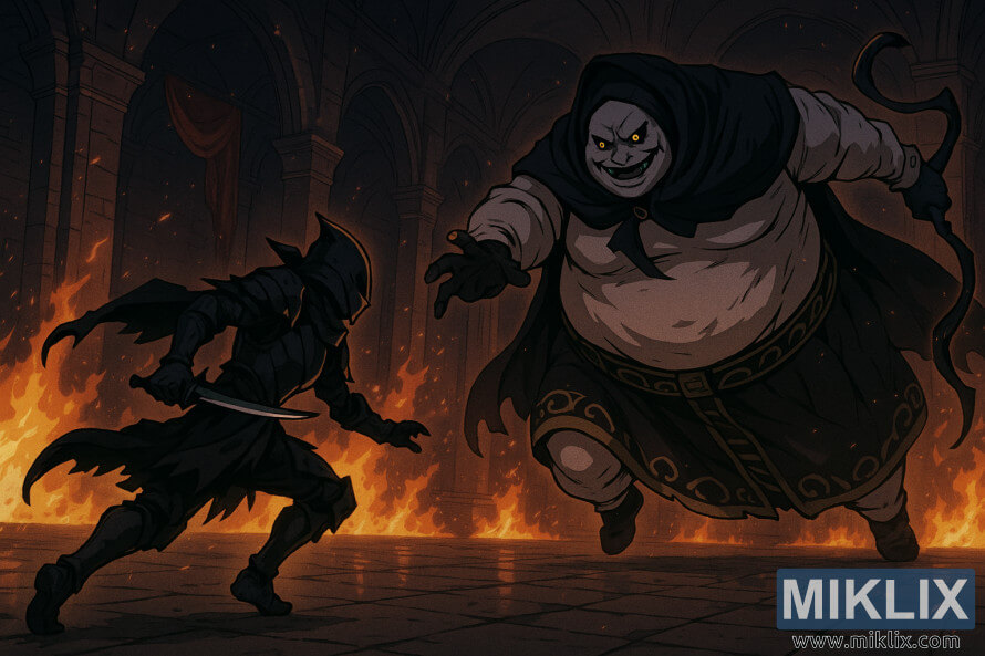 Scena u anime stilu u kojoj PlemiÄ BoÅ¾anske KoÅ¾e juri Crni NoÅ¾ Potamnjeli kroz vatrene dvorane unutar Volcano Manora.