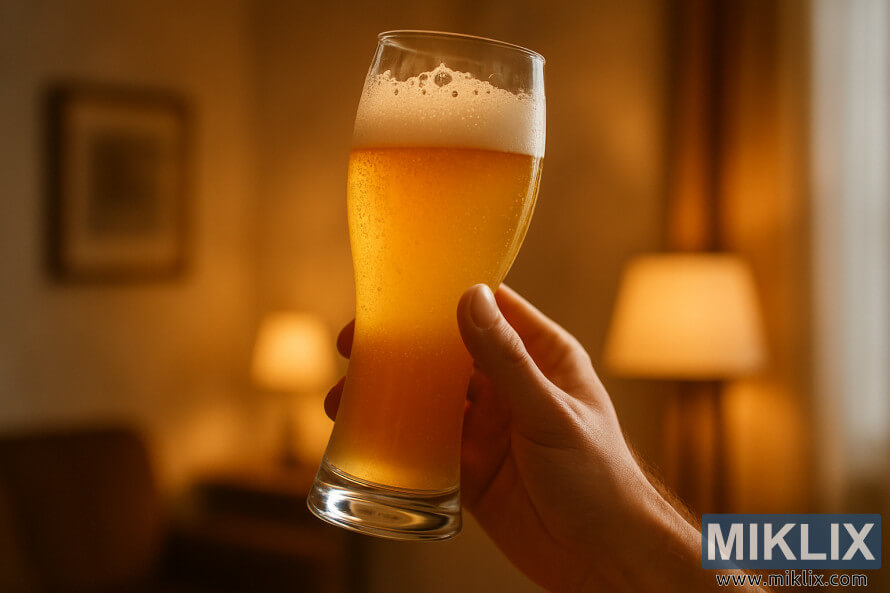 NjÃ« dorÃ« mban njÃ« gotÃ« tÃ« gjatÃ« e tÃ« lakuar me birrÃ« gruri bavareze tÃ« artÃ« tÃ« mjegullt me shkumÃ« tÃ« shkrifÃ«t nÃ« njÃ« dhomÃ« tÃ« ngrohtÃ« e tÃ« ndriÃ§uar butÃ«sisht.