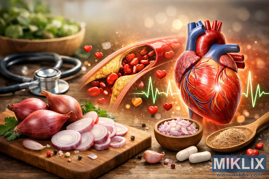 High-resolution landscape image showing fresh shallots on a wooden board beside a glowing anatomical heart and artery illustration symbolizing cardiovascular health benefits.