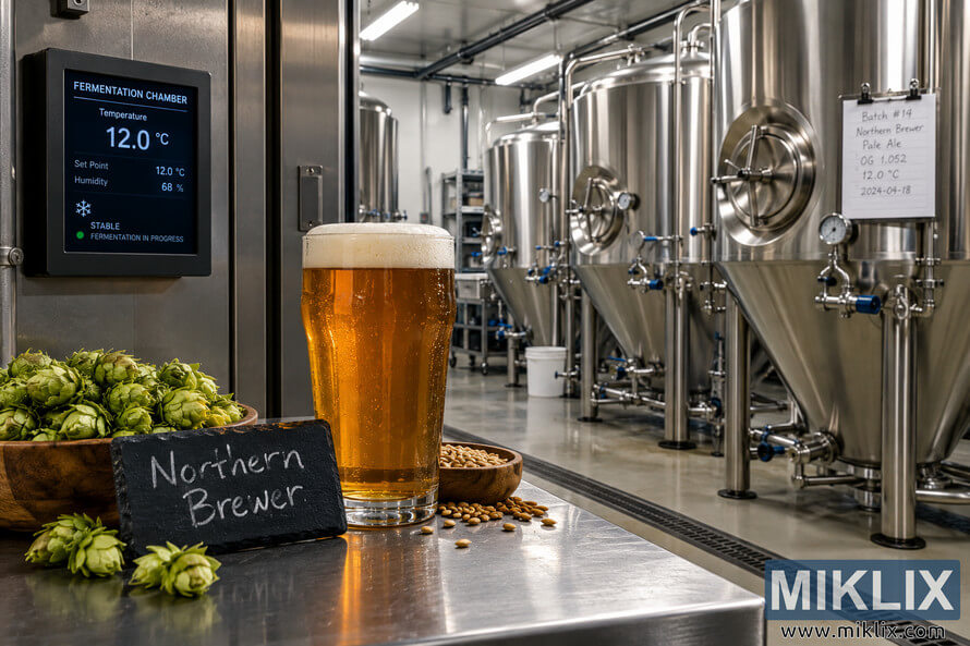 Wide view of a temperature-controlled beer fermentation chamber with stainless-steel tanks, a digital 12.0 Â°C control panel, a glass of golden beer, fresh hops, malt grain, and brewing equipment.