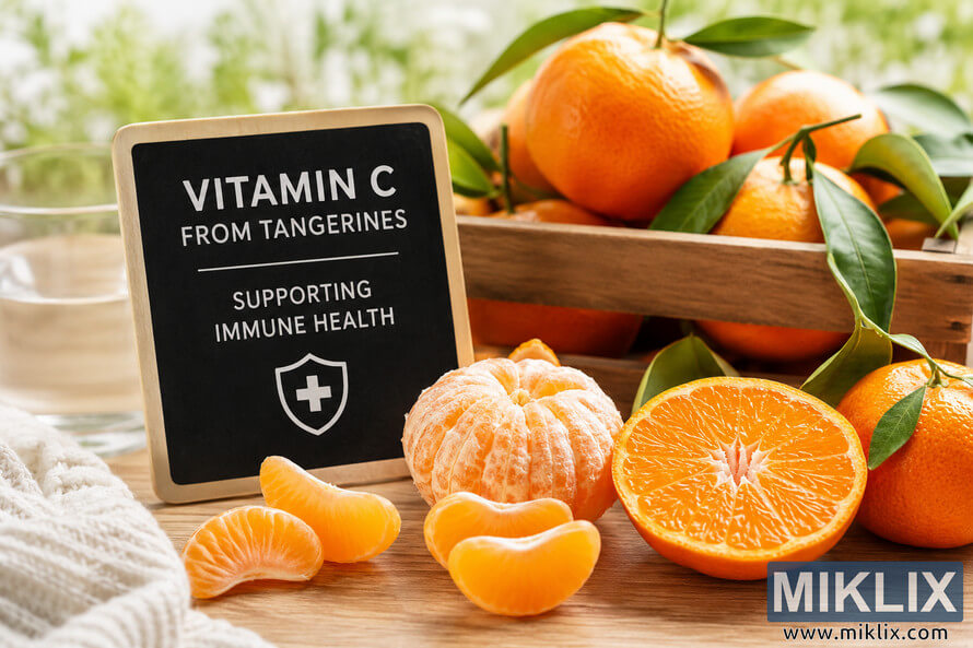 High-resolution landscape still life featuring fresh whole and peeled tangerines, vibrant citrus segments, green leaves, a rustic wooden crate, and a small chalkboard displaying a message about vitamin C from tangerines supporting immune health. Warm natural light and a softly blurred green background create a fresh, healthy atmosphere with no visible commercial branding. High-resolution landscape still life featuring fresh whole and peeled tangerines, vibrant citrus segments, green leaves, a rustic wooden crate, and a small chalkboard displaying a message about vitamin C from tangerines supporting immune health. Warm natural light and a softly blurred green background create a fresh, healthy atmosphere with no visible commercial branding.