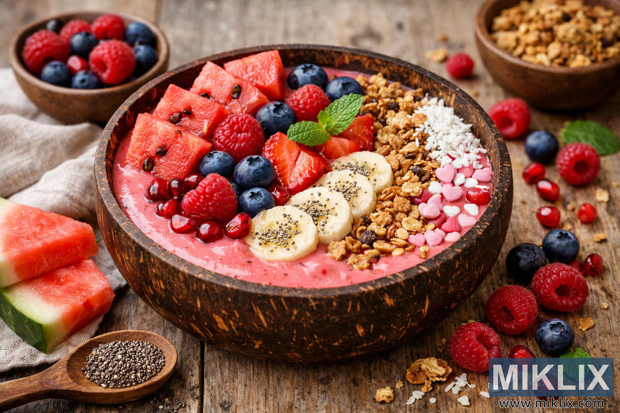 A vibrant watermelon berry smoothie bowl topped with fresh fruit, granola, and coconut on a rustic wooden table. A vibrant watermelon berry smoothie bowl topped with fresh fruit, granola, and coconut on a rustic wooden table.