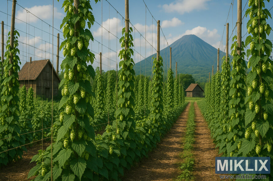 Åady trelovanÃ½ch rostlin chmele Kitamidori na historickÃ©m poli s statkem a horou v pozadÃ­.