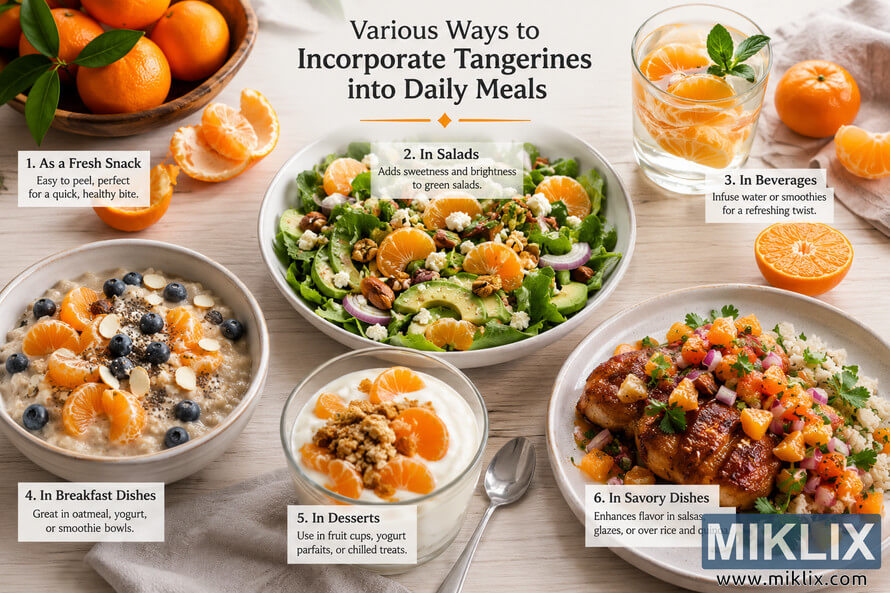Landscape food collage showing six creative ways to use fresh tangerines in everyday meals, including fresh snacks, salads, beverages, breakfast oatmeal, yogurt parfait desserts, and savory chicken with citrus salsa, arranged on a bright wooden table with clean editorial labels and no visible branding. Landscape food collage showing six creative ways to use fresh tangerines in everyday meals, including fresh snacks, salads, beverages, breakfast oatmeal, yogurt parfait desserts, and savory chicken with citrus salsa, arranged on a bright wooden table with clean editorial labels and no visible branding.