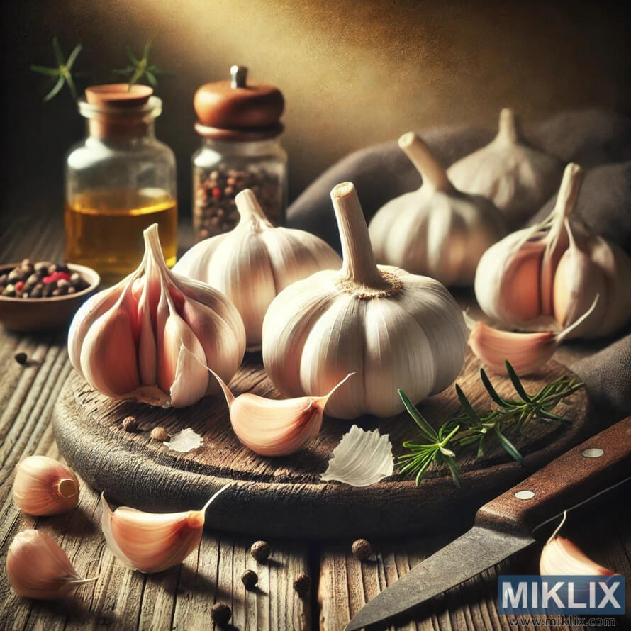 Fresh garlic bulbs and cloves with herbs, spices, and a rustic knife. Fresh garlic bulbs and cloves with herbs, spices, and a rustic knife.