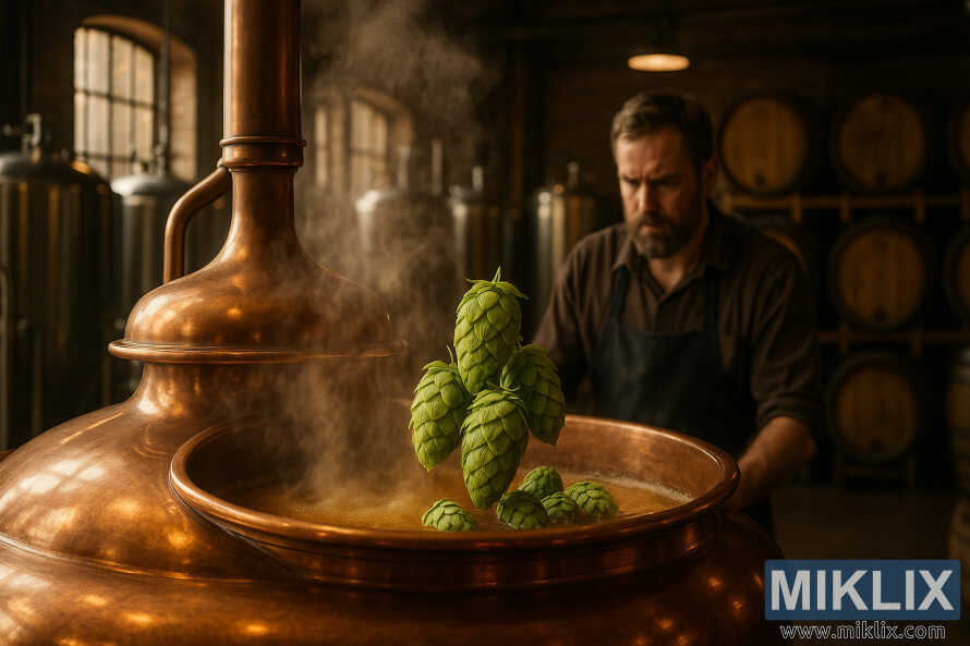 Copper brew kettle with steam as Nordgaard hops are added, brewmaster nearby, and fermentation tanks in the background.