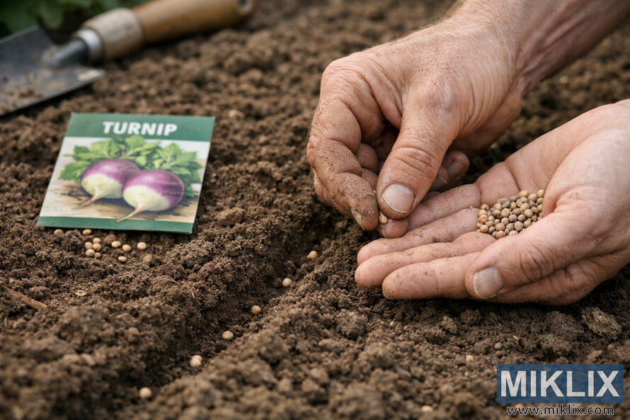 Close-up of hands planting turnip seeds into freshly tilled garden soil with a seed packet and trowel nearby
