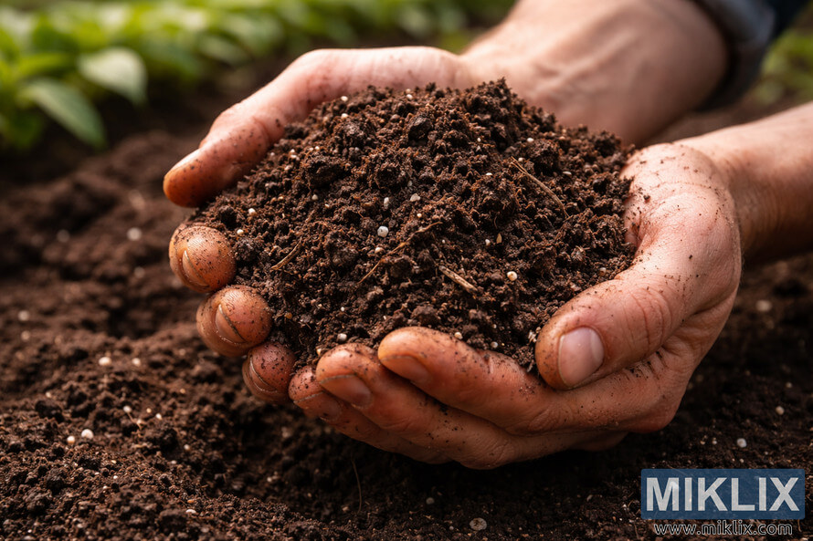 Close-up of two dirt-stained hands gently holding a mound of dark, nutrient-rich garden soil with visible organic particles.