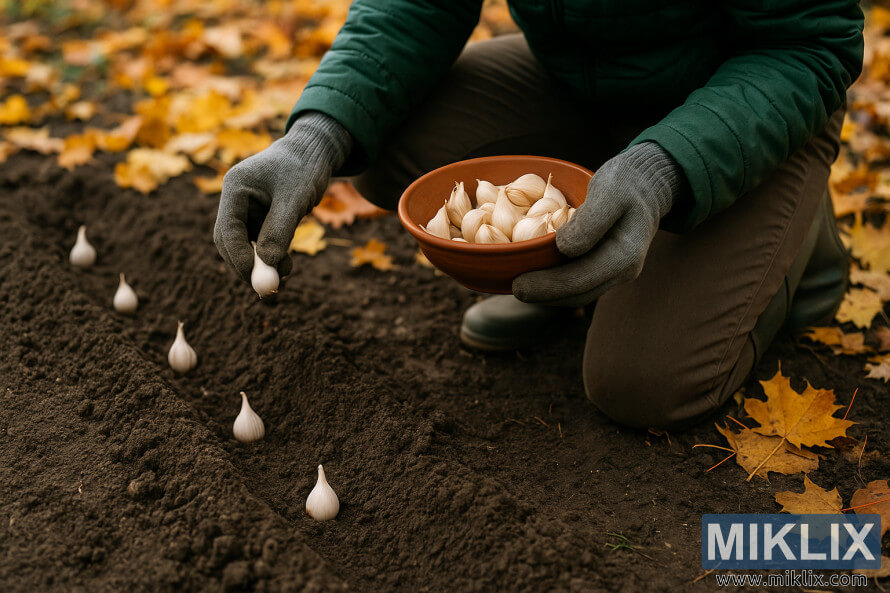 Jardinier agenouillÃ© dans les feuilles dâautomne tout en plantant des gousses dâail dans un sol fraÃ®chement labourÃ©.